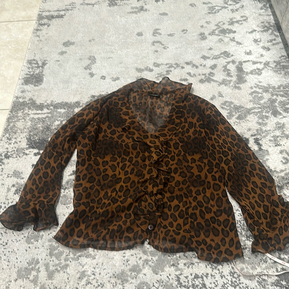 Revue cheetah animal print ruffle long sleeve sheer blouse